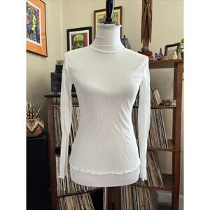 Vintage S Y2K 90s High Neck Sheer Mesh Lace Blouse White Lettuce Hem